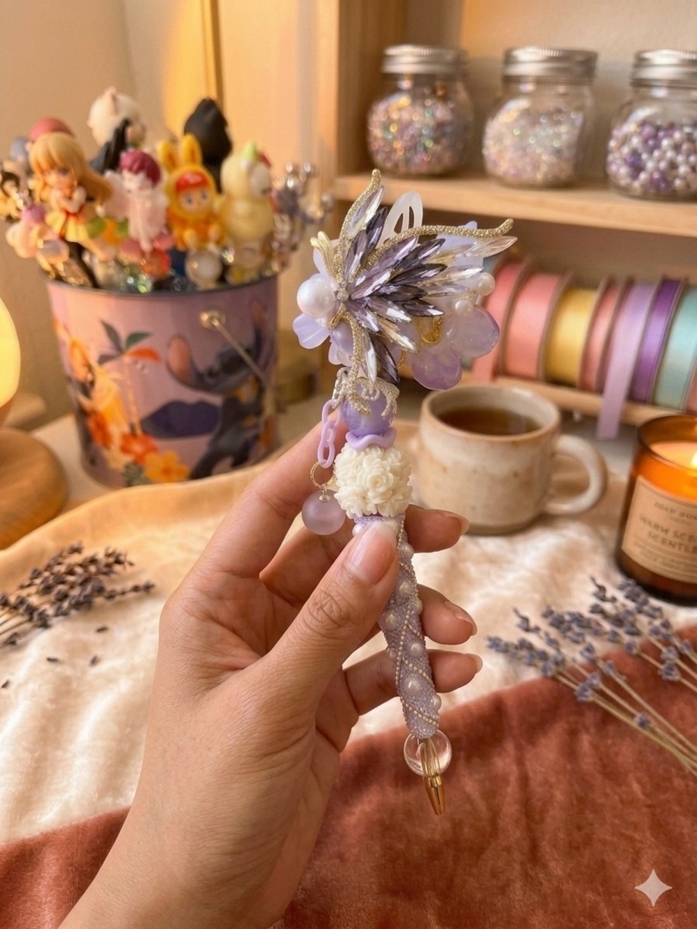 Hand Crafted Lavender Floral Beaded Hairpin